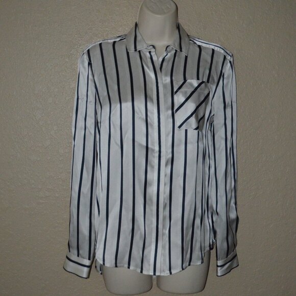 Sz XS ATM White Black Silk Stiped Long Sleeve Blouse - Picture 1 of 6